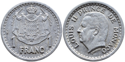 Монако 1 франк 1943 Луи II (1922-1949) KM 120 алюминий 4393-1252
