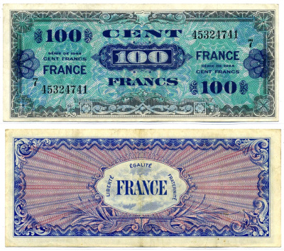 Франция 100 франков 1944 блок 7, второй выпуск Pick 129c бумага 7220-65-1-2