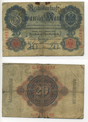 ГЕРМАНИЯ 20 МАРОК 1914 СЕМЬ ЦИФР В НОМЕРЕ Pick 46b бумага 7203-82-2