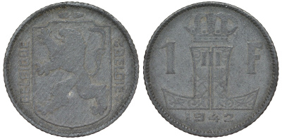 Бельгия 1 франк 1942 Леопольд III, Belgique-Belgie KM 127 цинк 4163-153