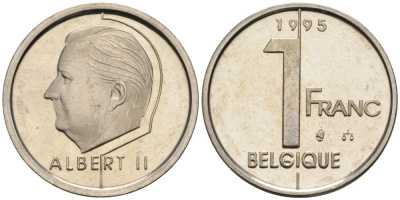 Бельгия 1 франк 1995 Belgique KM 187 железо плакированное никелем UNC 192-513