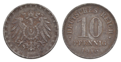 Германия 10 пфеннигов 1916 A, Вильгельм II (1888-1918) KM 20, J. 298 железо 4640-338