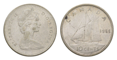 Канада 10 центов 1966 Елизавета II (1952-2022), парусник KM 61 серебро 4623-946