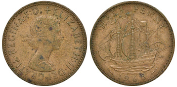 Великобритания 1/2 пенни 1965 Елизавета II (1952-2022) KM 896, Spink 4158 бронза 72-232