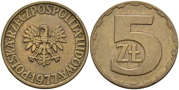 Польша 5 злотых 1977 монетный двор Ленинград (ЛМД) KM 81.1, Parchimowicz 221c латунь 4546-333