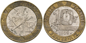 Франция 10 франков 1989 тип гений Бастилии KM 964.1, Le Franc 375.3 биметалл  4573-1017