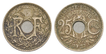 Франция 25 сантимов 1927 KM 867a медно-никель 83-511