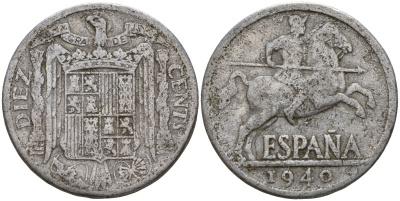 Испания 10 сентимо 1940 рыцарь на коне, Франсиско Франко (1939-1975) KM 766 алюминий 4121-653