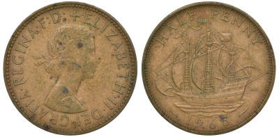 Великобритания 1/2 пенни 1965 Елизавета II (1952-2022) KM 896, Spink 4158 бронза 72-232