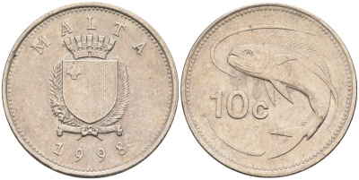 Мальта 10 центов 1998 золотая макрель KM 96 медно-никель 4588-255