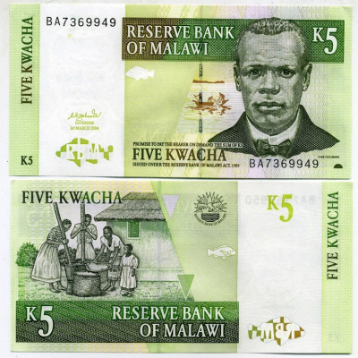 Малави 5 квача 2004 Джон Чилембве, озеро Малави Pick 36 b бумага UNC (пресс) 448-72-1