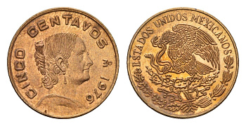 Мексика 5 сентаво 1976 Жозефа Ортис де Домингес KM 427 латунь UNC 4643-657