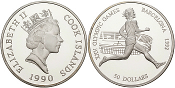 Острова Кука 50 долларов 1990 XXV летние Олимпийские игры 1992 года в Барселоне, бег KM 112 серебро PROOF 1091-9-34