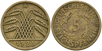 Германия 5 рейхспфеннигов 1925 A KM 39, J. 316, Weege 7 алюминиевая бронза 4169-441
