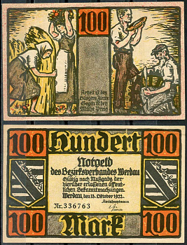Германия, Вердау 100 марок 1922 нотгельд, 1.11.1918, союз крестьян и рабочих   бумага  UNC (пресс) 444-95-1-1