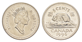 Канада 5 центов 1996 Елизавета II (1952-2022), бобр KM 182 медно-никель 4636-622