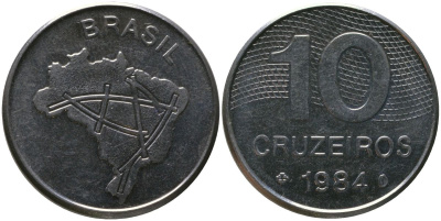 Бразилия 10 крузейро 1984 KM 592.1, Schon 101 нержавеющая сталь aUNC 4519-154