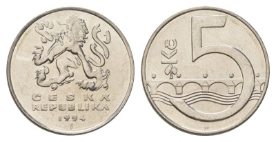 Чехия 5 крон 1994 чешский лев, Карлов мост KM 8 сталь плакированная никелем 4622-413