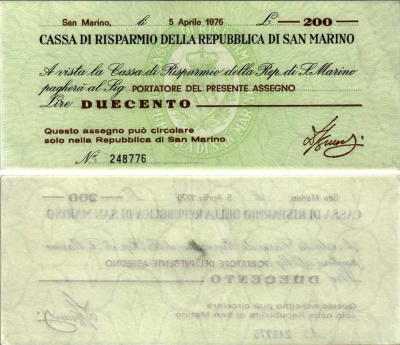 САН МАРИНО 200 ЛИР 1976 5 АПРЕЛЯ 1976, CASSA DI RISPARMIO DELLA REPUBBLICA DI SAN MARINO Pick S102 бумага UNC (ПРЕСС) 7203-66-1