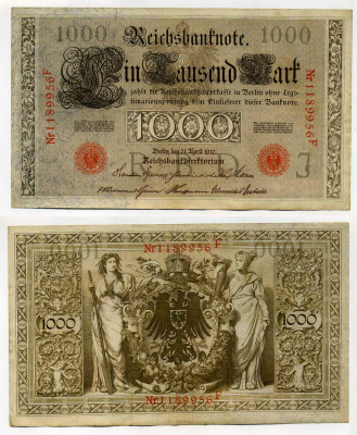 Германия 1000 марок 1910 красная печать, 7 значный номер Pick 44 b  бумага   8619-38-2-1