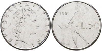 ИТАЛИЯ 50 ЛИР 1981 R, КУЗНЕЦ KM 95.1 нержавеющая сталь 186-256