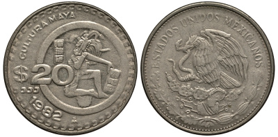 МЕКСИКА 20 ПЕСО 1982 КУЛЬТУРА МАЙЯ KM 486 медно-никель VF+ 118-925