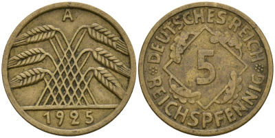 Германия 5 рейхспфеннигов 1925 A KM 39, J. 316, Weege 7 алюминиевая бронза 4169-441