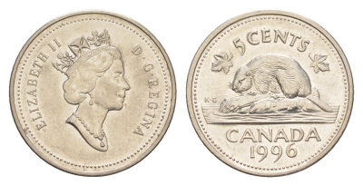 Канада 5 центов 1996 Елизавета II (1952-2022), бобр KM 182 медно-никель 4636-622