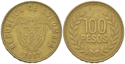 Колумбия 100 песо 2007 KM 285.2, Restrepo 445.8 латунь 4619-542