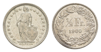 Швейцария 1/2 франка 1960 KM 23 серебро 4636-111