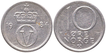 Норвегия 10 эре 1984 Улаф V (1957-1991) KM 416 медно-никель 4147-243