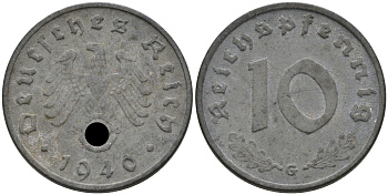 ГЕРМАНИЯ 10 РЕЙХСПФЕННИГОВ 1940 G, KM 101, J. 371 цинк 75-233