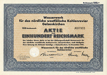 Германия 100 рейхсмарок 1941 Гидротехнические сооружения для угольного месторождения Гельзенкирхен в Северной Вестфалии, акция   бумага   8802-39-1