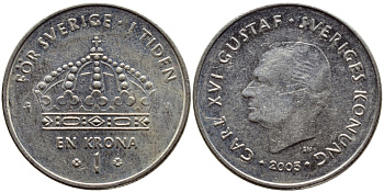 Швеция 1 крона 2005 Карл XVI Густав (1973- ) KM 894 медно-никель 93-936