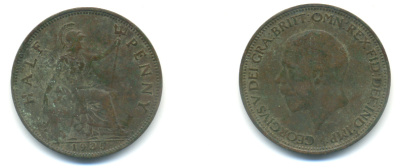 Великобритания 1/2 пенни 1935 Георг V (1910-1936) KM 837, Spink 4058 бронза 89-341