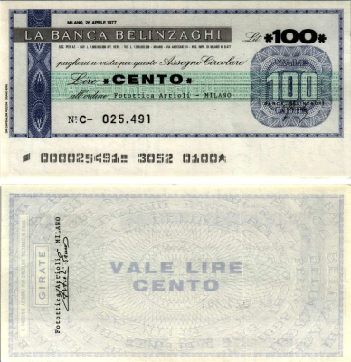 Италия 100 лир 1977 26 апреля 1977 La Banca belinzaghi, Milano бумага UNC (пресс) 7222-3-3-1