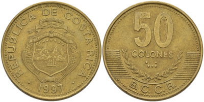 КОСТА-РИКА 50 КОЛОН 1997 а KM 231 латунь 67-1016