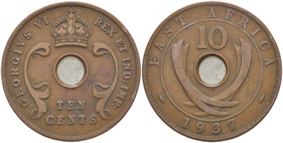 Британская Восточная Африка 10 центов 1937 Георг VI (1936-1952) KM 26.1 бронза 3333-1135