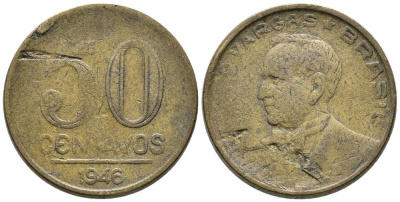 БРАЗИЛИЯ 50 СЕНТАВО 1946 ЖЕТУЛИО ВАРГАС KM 557а алюминиевая бронза 3336-843