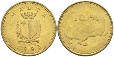 Мальта 1 цент 1995 ласка, горностай KM 93 никель латунь 4585-1234