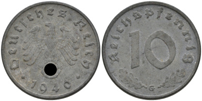 ГЕРМАНИЯ 10 РЕЙХСПФЕННИГОВ 1940 G, KM 101, J. 371 цинк 75-233