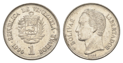 Венесуэла 1 боливар 1990 Симон Боливар Y 52a.2 сталь плакированная никелем 4662-922