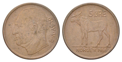 Норвегия 5 эре 1966 Улаф V (1958 - 1991) KM 405 бронза 4703-1031