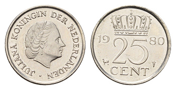 Нидерланды 25 центов 1980 Юлиана (1948-1980) KM 183 никель 4627-1033