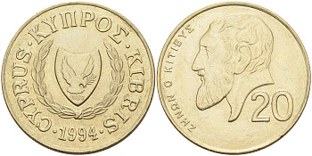 Кипр 20 центов 1994 Зенон Китийский KM 62.2 никель латунь    4595-943