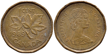 Канада 1 цент 1989 Елизавета II (1952-2022), кленовый лист KM 132 бронза 4396-436