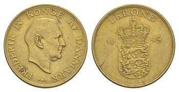 Дания 1 крона 1949 N, Фредерик IX (1947-1972) KM 837 алюминиевая бронза 4638-726