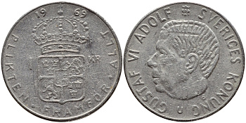 Швеция 1 крона 1969 Густав VI Адольф (1950-1973) KM 826a медь плакированная медно-никелем 4388-614