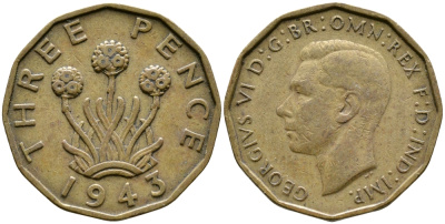 Великобритания 3 пенса 1943 Георг VI (1936-1952) KM 849, Spink 4112 никель латунь 4385-445