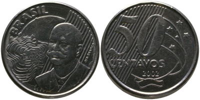 Бразилия 50 сентаво 2002 KM 651a, Schon 159a, Bentes 780 нержавеющая сталь UNC 4523-353